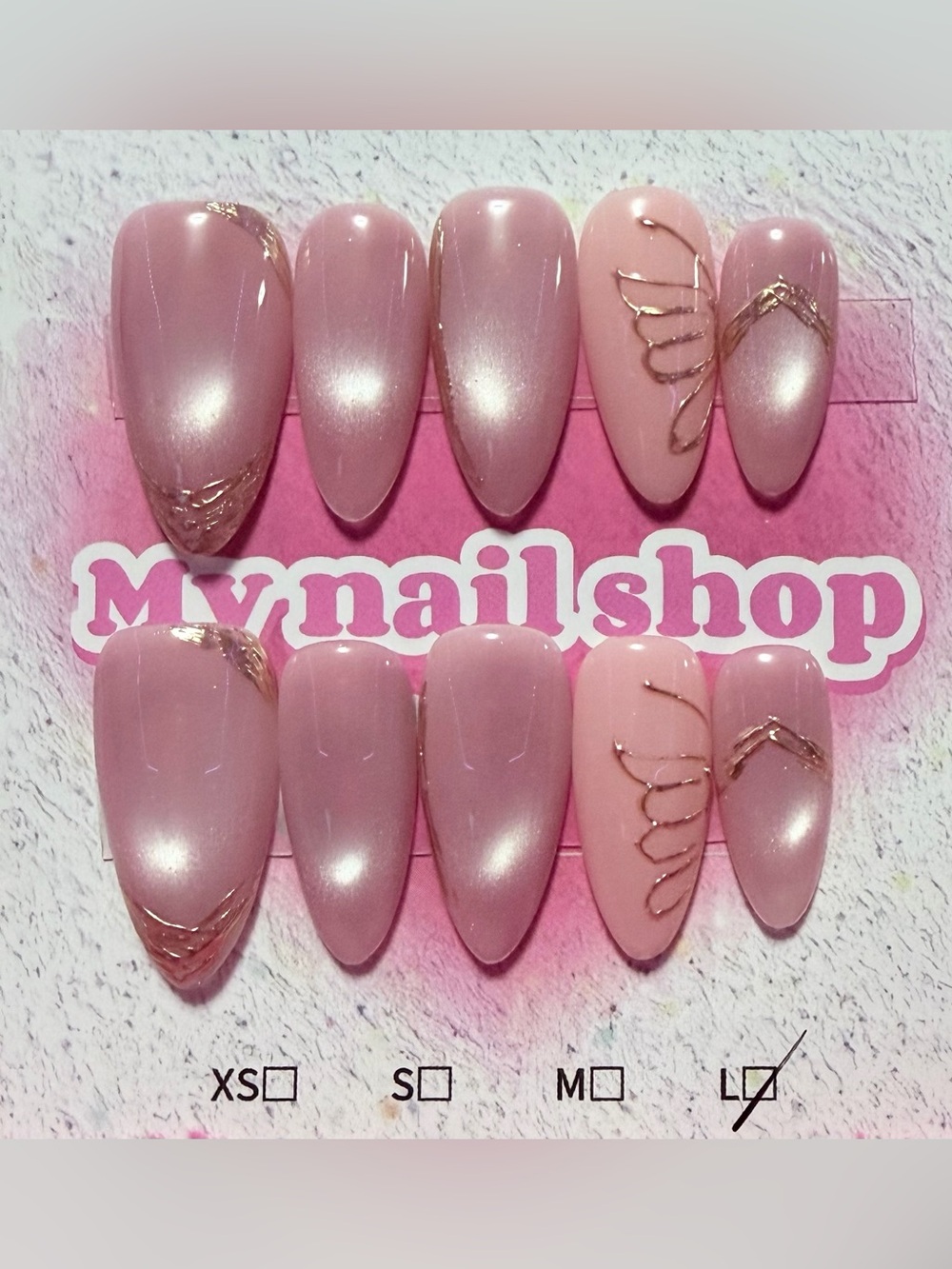 Neutral Pink Pearl Press-On Nail Set with Rose Gold Accents